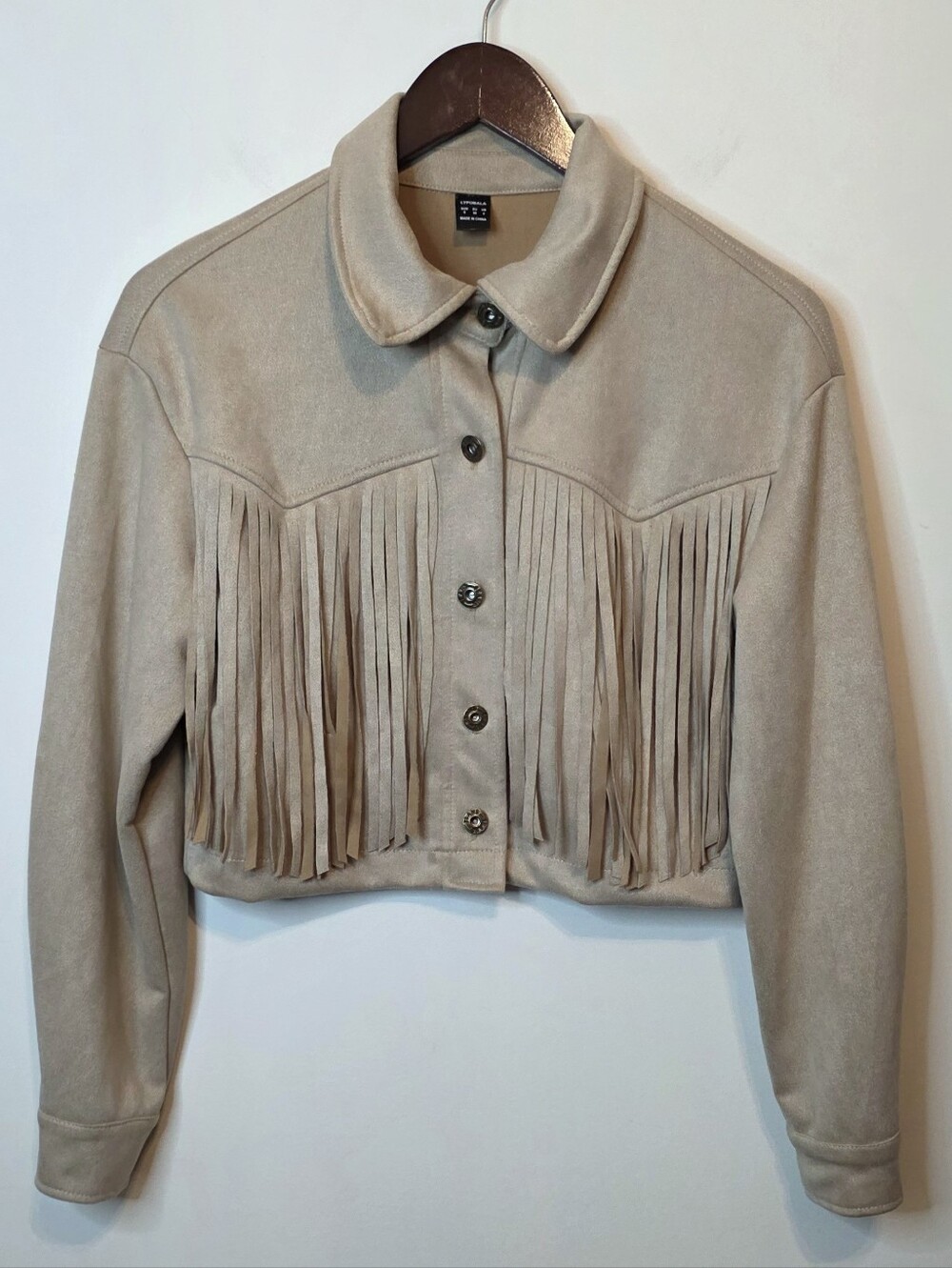 Tan Faux Suede Fringe Cropped Jacket Size Small Western Country Concert Rodeo